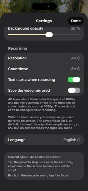 Recording settings: resolution, countdown and language